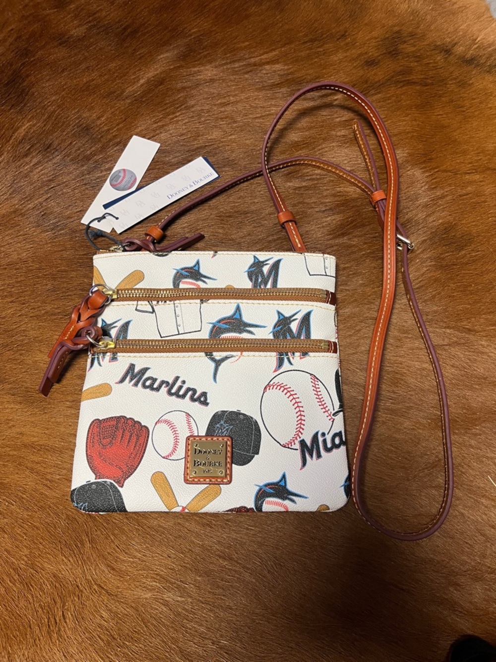 Dooney & Bourke White Miami Marlins Print Crossbody with Brown Trim
